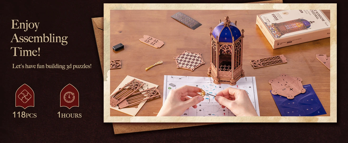 Rolife Wooden 3D Puzzle Twin-Tower Cathedral Model Building Kit DIY Miniature House Kit with LED Light for Bookshelf Decor