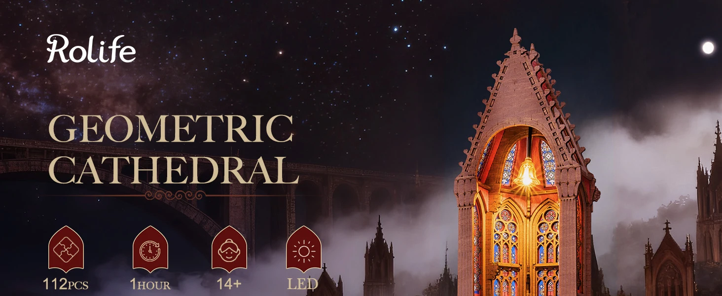 Rolife Wooden 3D Puzzle Twin-Tower Cathedral Model Building Kit DIY Miniature House Kit with LED Light for Bookshelf Decor