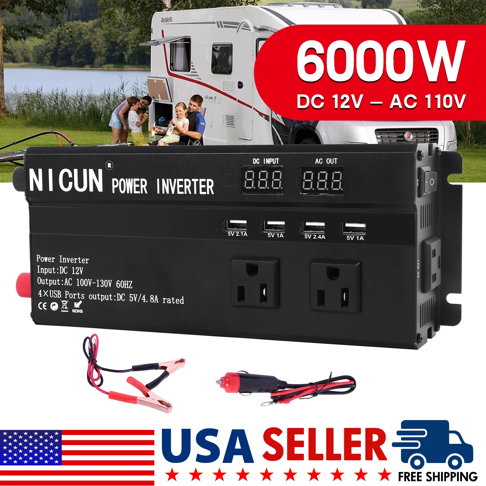 6000W Car Power Inverter DC 12V To AC 110V Pure Sine Wave Solar Power Converter 60Hz LCD Screen Display Portable Power Supply