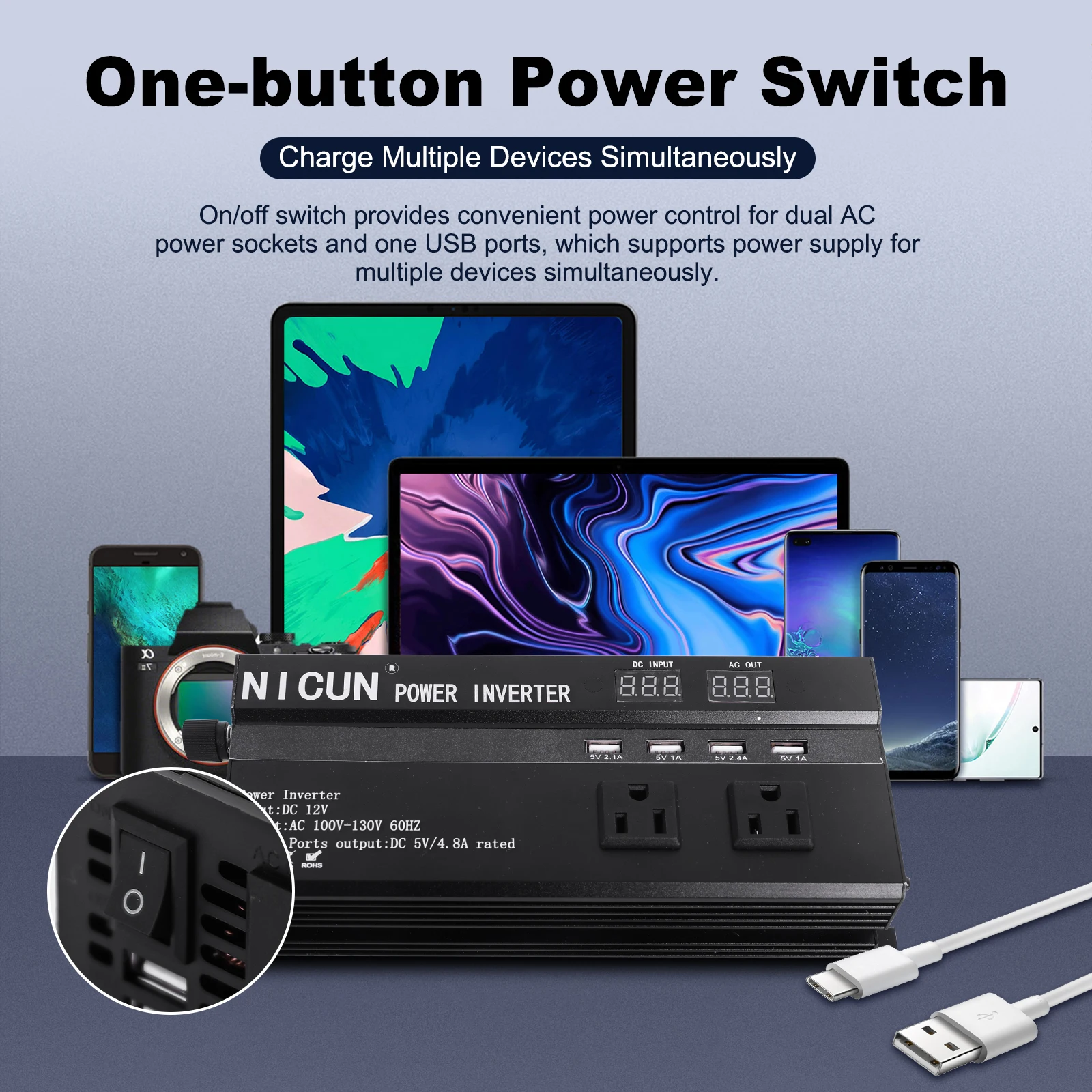 6000W Car Power Inverter DC 12V To AC 110V Pure Sine Wave Solar Power Converter 60Hz LCD Screen Display Portable Power Supply