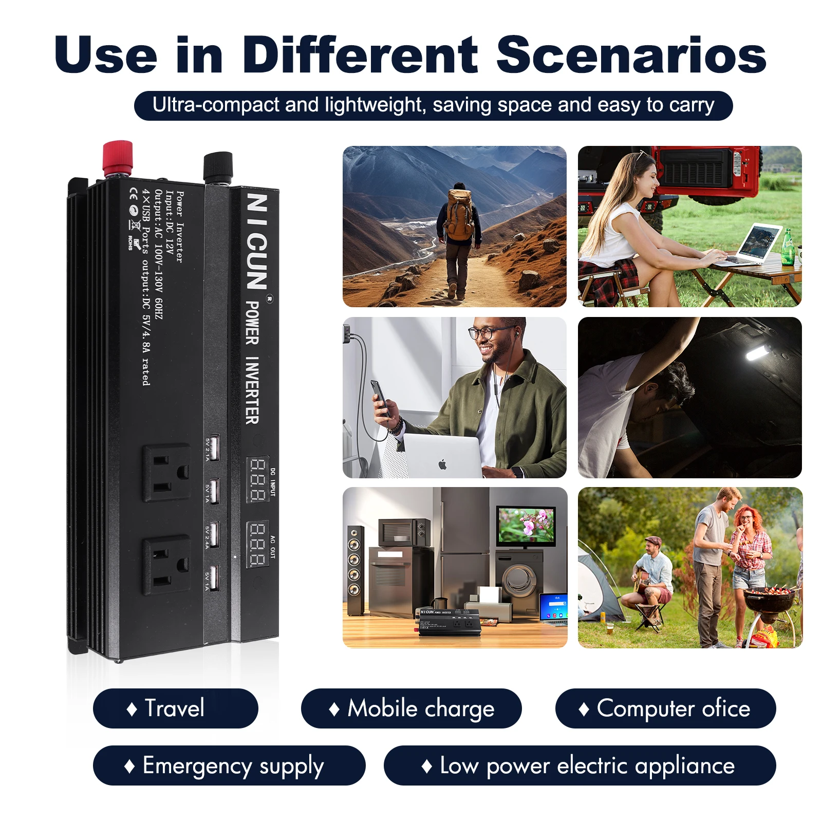 6000W Car Power Inverter DC 12V To AC 110V Pure Sine Wave Solar Power Converter 60Hz LCD Screen Display Portable Power Supply