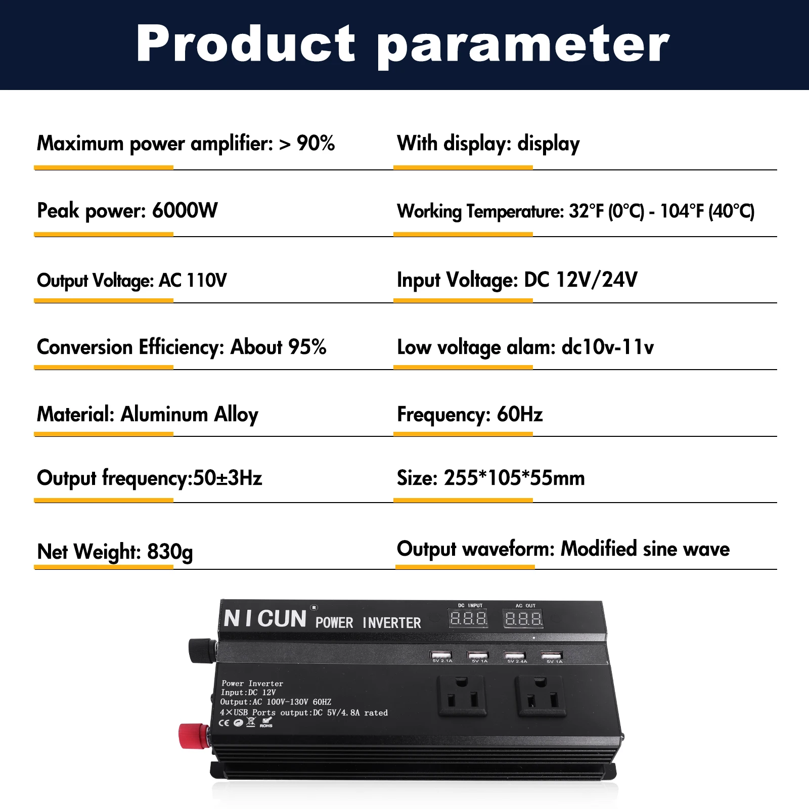6000W Car Power Inverter DC 12V To AC 110V Pure Sine Wave Solar Power Converter 60Hz LCD Screen Display Portable Power Supply