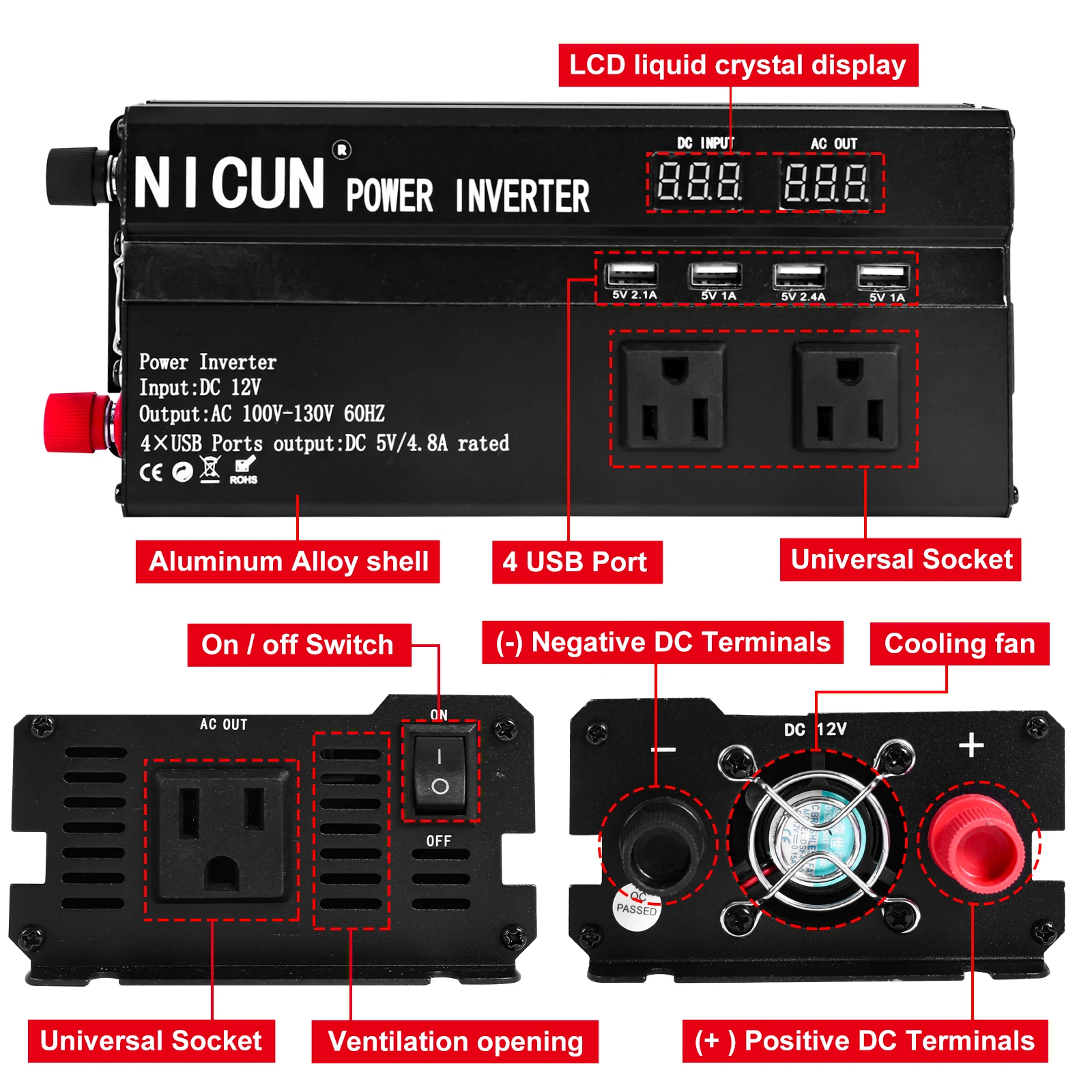 6000W Car Power Inverter DC 12V To AC 110V Pure Sine Wave Solar Power Converter 60Hz LCD Screen Display Portable Power Supply
