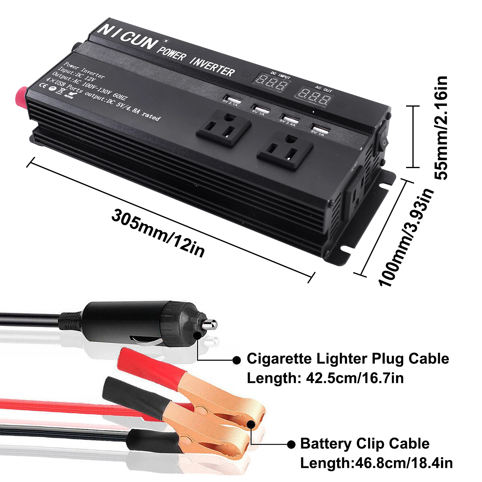6000W Car Power Inverter DC 12V To AC 110V Pure Sine Wave Solar Power Converter 60Hz LCD Screen Display Portable Power Supply