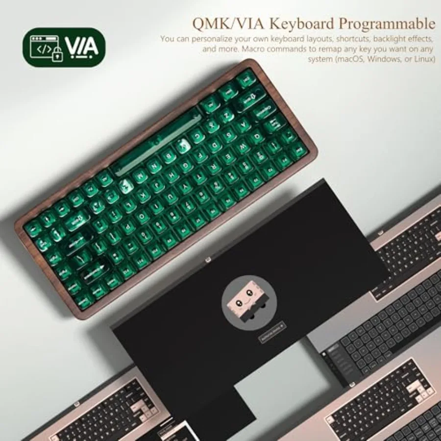 Wireless Mechanical Keyboard for Gaming and Office Use Wood Frame Natural Brown 8000mAh Battery Life with Tri-Mode Connectivity