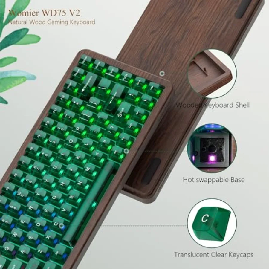 Wireless Mechanical Keyboard for Gaming and Office Use Wood Frame Natural Brown 8000mAh Battery Life with Tri-Mode Connectivity