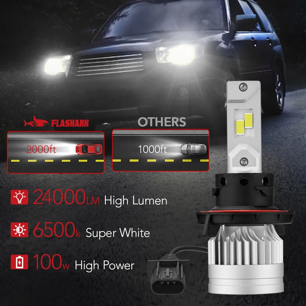 2Pcs H13/9008 80W 6500K White 24000LM IP67 LED Headlight Bulbs High Quality Chip Plug and Play High and low Beam light