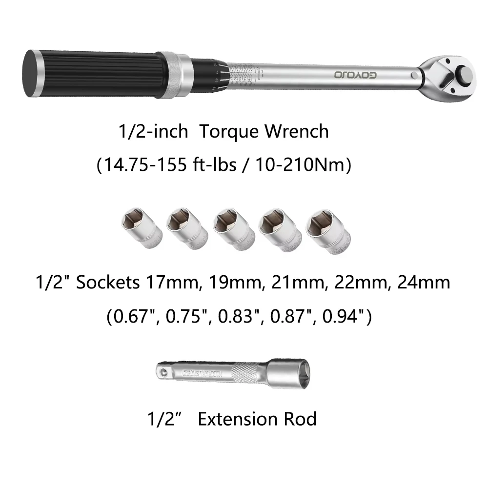 GOYOJO 1/2 inch Drive Click Torque Wrench Set, 14.75-155 Ft-lbs/20-210 N.m with Dual Range Scales, High 3% Precision for Automotive, Towing, DIY, and Exhaust System Maintenance