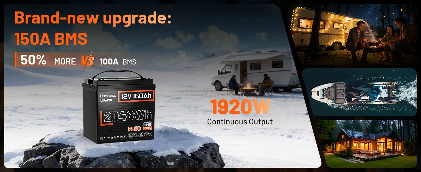 Humsienk 12V 160Ah LiFePO4 Battery, Built-in 150A BMS,15000+ Deep Cycle, Low-Temp Protection, MAX 15000+ Cycles For RV, Van, Golf Cart, Boat, Camper, Marine, Trolling Motor, Off-Grid, Solar Energy Storage, 5-Year Warranty