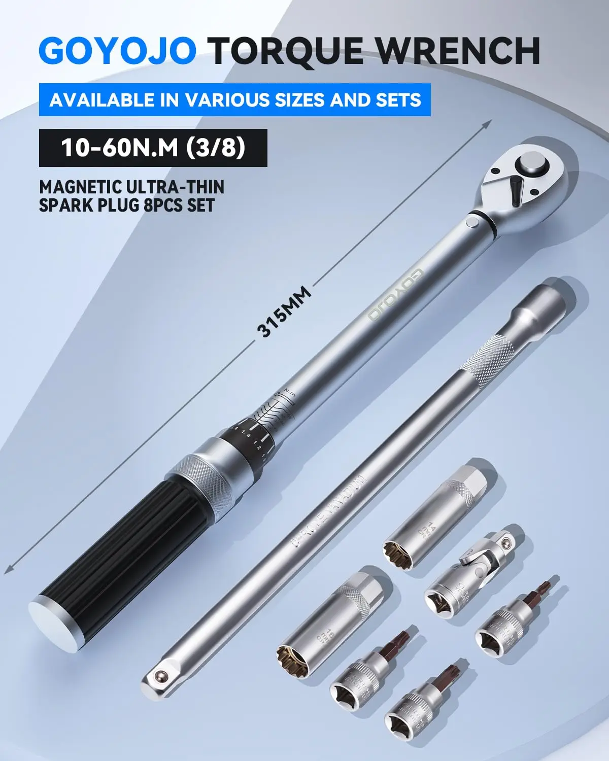 GOYOJO 8-Pcs Magnetic Torque Wrench Kit, 10-60Nm Ultra-Thin Spark Plug Replacement Kit for Exhaust System Maintenance DIY