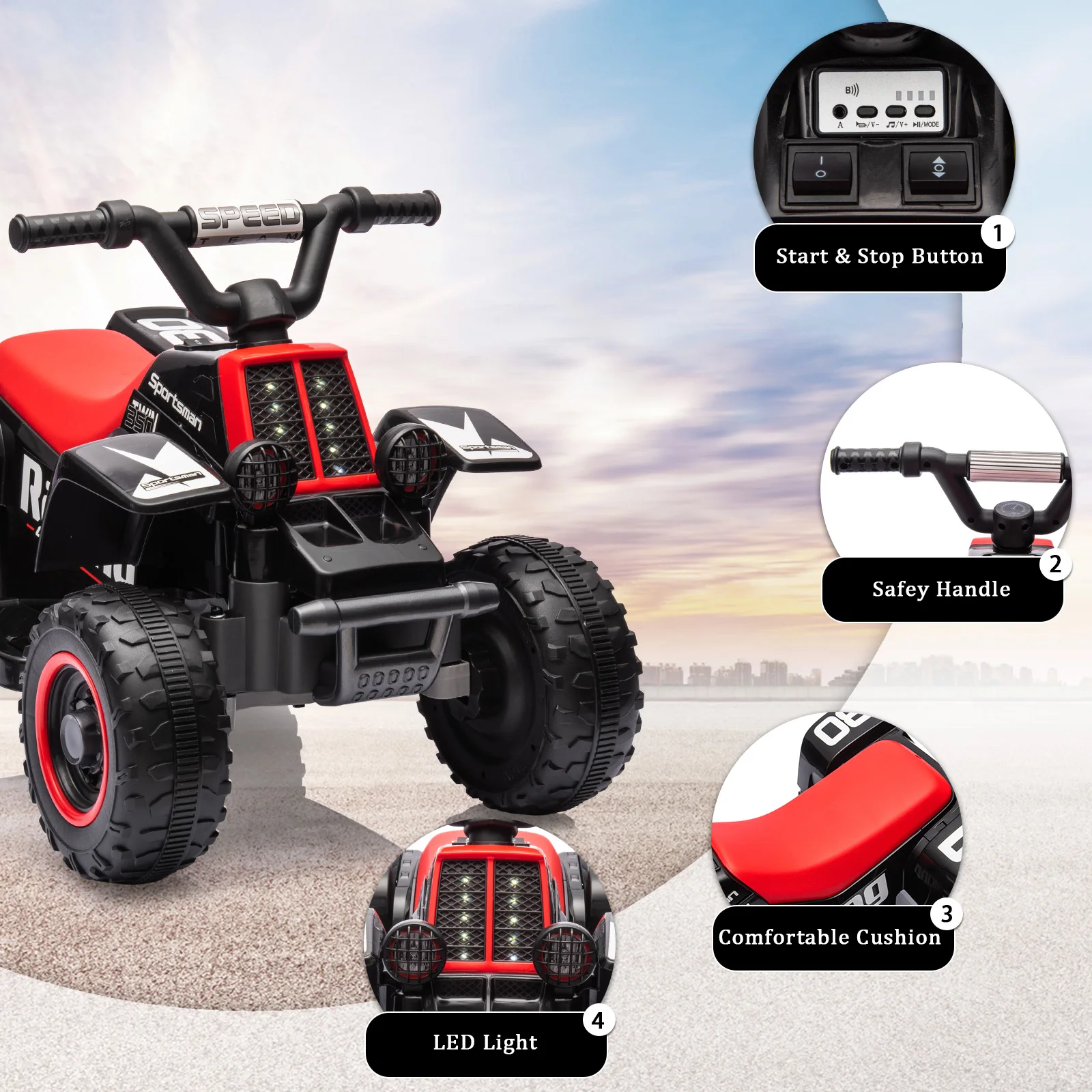 6V Kids Ride On Electric ATV, Ride Car with LED Headlights, Ride-On Toy for Toddlers 1-3 Boys & Girls with Music, Forward & Reverse