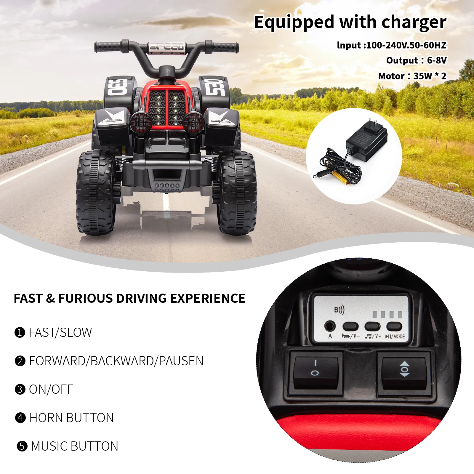 6V Kids Ride On Electric ATV, Ride Car with LED Headlights, Ride-On Toy for Toddlers 1-3 Boys & Girls with Music, Forward & Reverse
