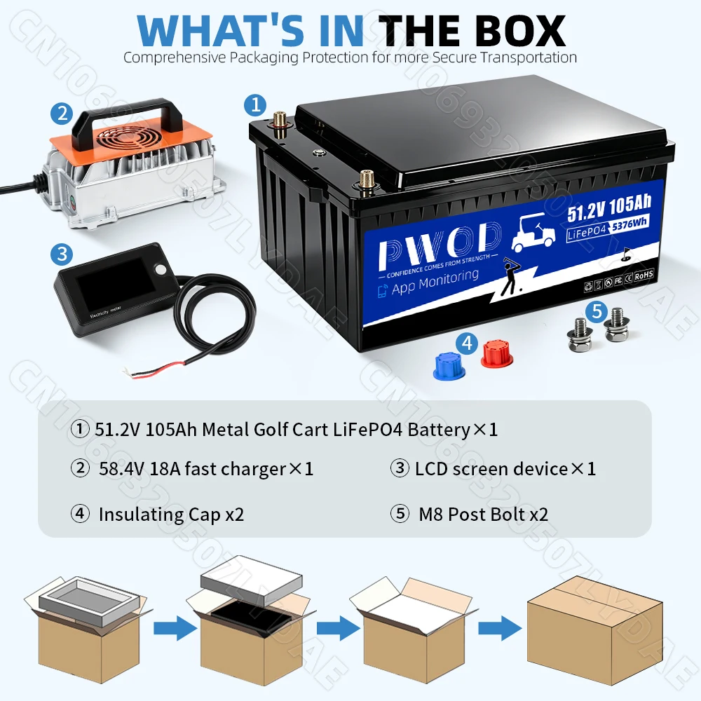 US Stock APP Control 48V 105ah Lifepo4 Battery Pack 3A Active Balancing 5736WH With Charger LCD Screen 16S 200A Smart BMS 51.2V Rechargeable Golf Cart Battery For RV Home Solar Energy Storage Golf Cart Battery