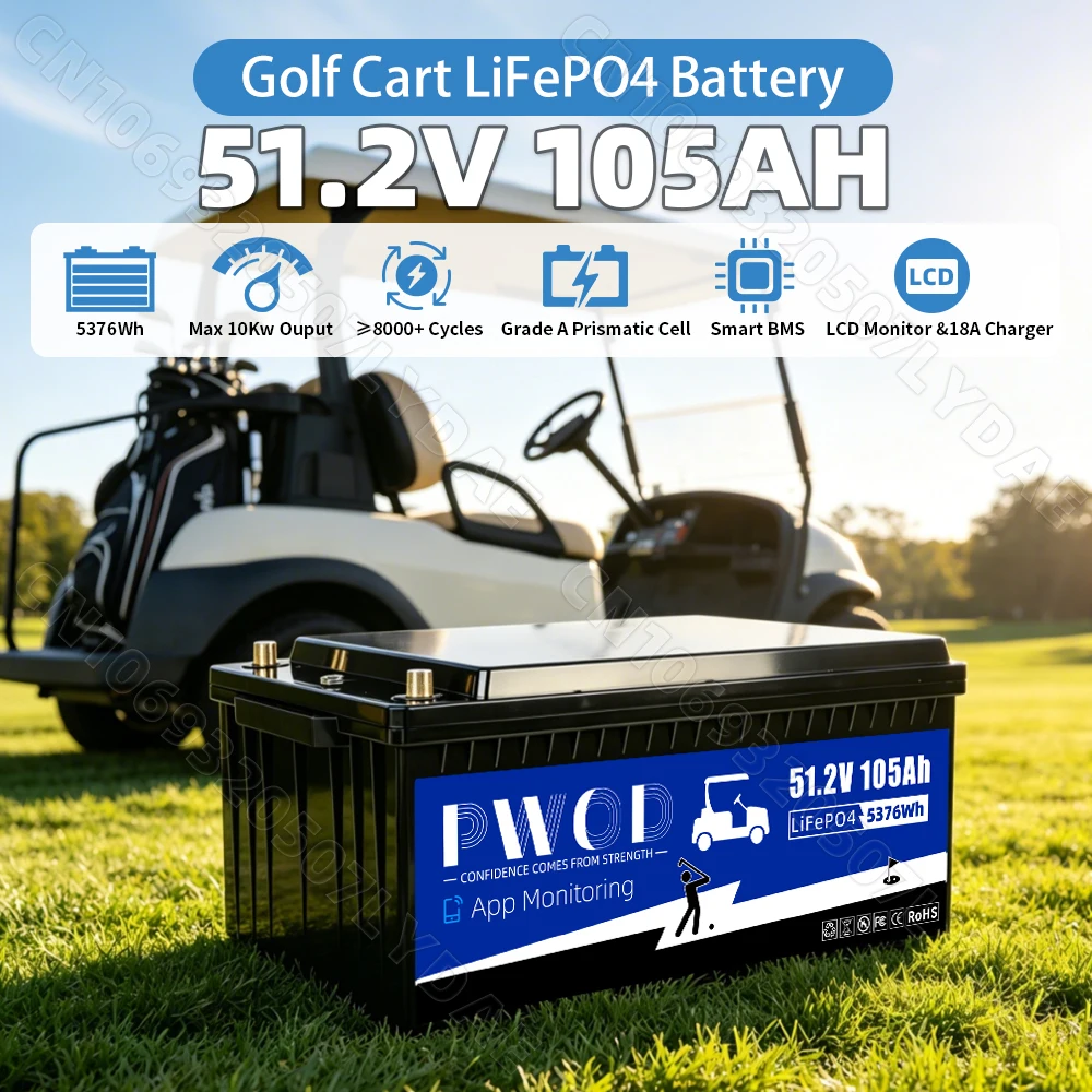 US Stock APP Control 48V 105ah Lifepo4 Battery Pack 3A Active Balancing 5736WH With Charger LCD Screen 16S 200A Smart BMS 51.2V Rechargeable Golf Cart Battery For RV Home Solar Energy Storage Golf Cart Battery