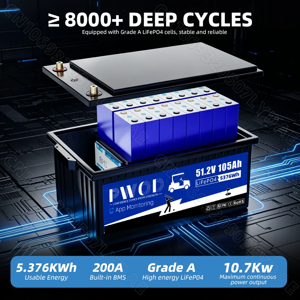 US Stock APP Control 48V 105ah Lifepo4 Battery Pack 3A Active Balancing 5736WH With Charger LCD Screen 16S 200A Smart BMS 51.2V Rechargeable Golf Cart Battery For RV Home Solar Energy Storage Golf Cart Battery