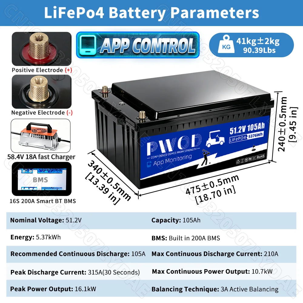 US Stock APP Control 48V 105ah Lifepo4 Battery Pack 3A Active Balancing 5736WH With Charger LCD Screen 16S 200A Smart BMS 51.2V Rechargeable Golf Cart Battery For RV Home Solar Energy Storage Golf Cart Battery
