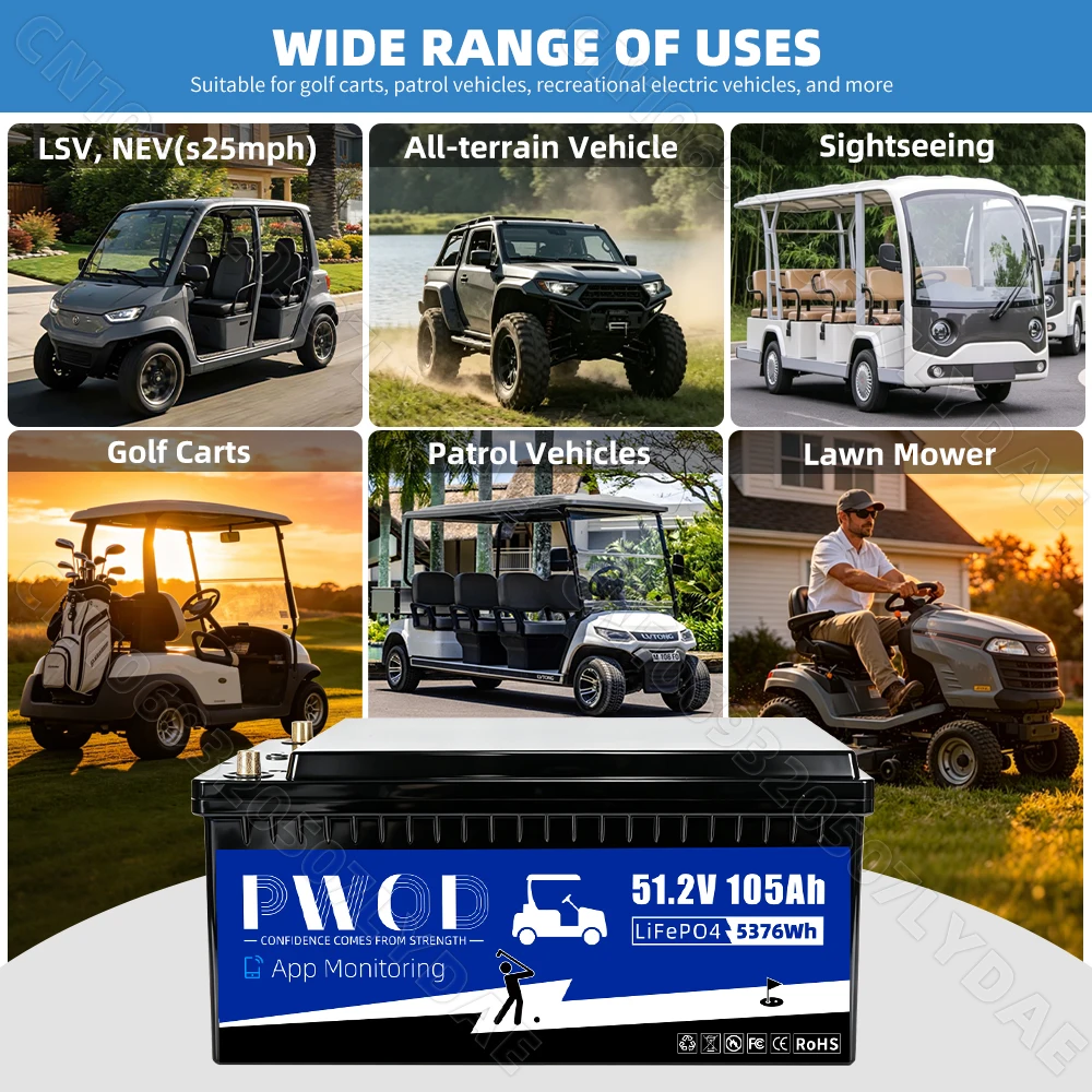 US Stock APP Control 48V 105ah Lifepo4 Battery Pack 3A Active Balancing 5736WH With Charger LCD Screen 16S 200A Smart BMS 51.2V Rechargeable Golf Cart Battery For RV Home Solar Energy Storage Golf Cart Battery