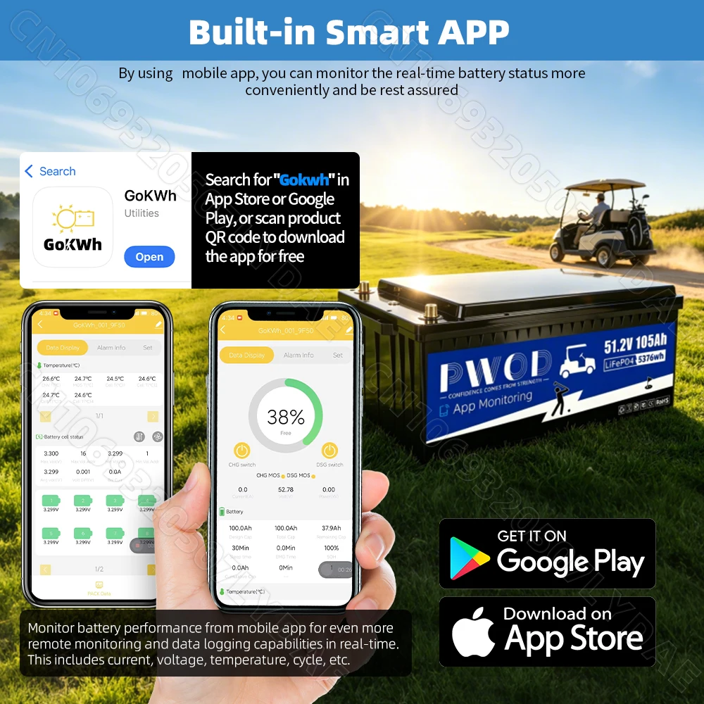 US Stock APP Control 48V 105ah Lifepo4 Battery Pack 3A Active Balancing 5736WH With Charger LCD Screen 16S 200A Smart BMS 51.2V Rechargeable Golf Cart Battery For RV Home Solar Energy Storage Golf Cart Battery