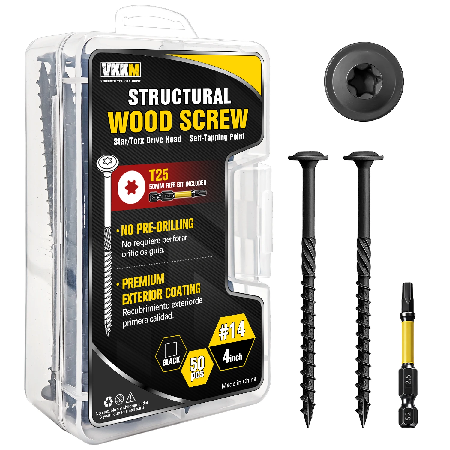50Pcs T25 Structural Wood Screws #14x4", Self Tapping Star Drive with 50mm Free Bit, Heavy Duty Exterior Coating for Deck Framing DIY