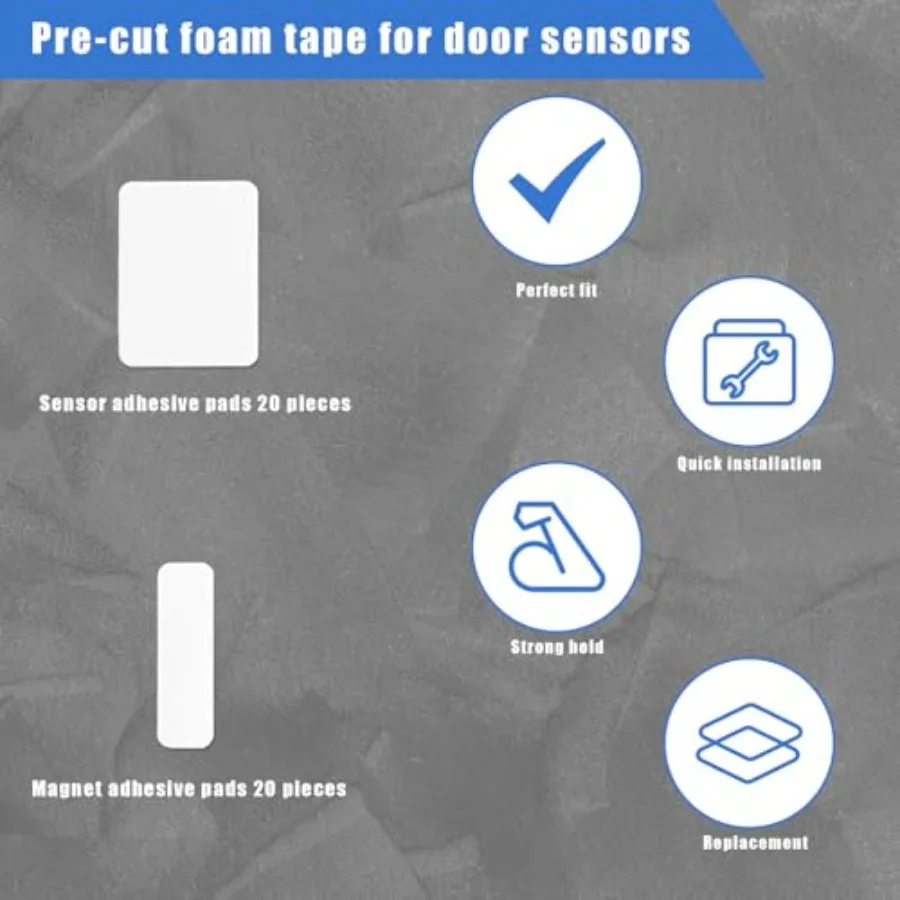 For SimpliSafe entry sensors: pre-cut double-sided adhesive pads in white, durable acrylic material, strong hold for door, wind