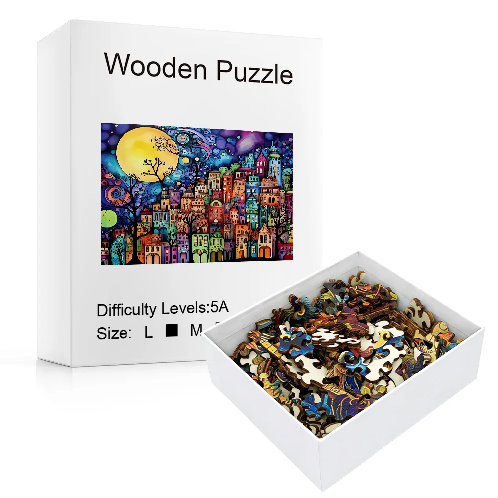 Wooden Jigsaw Puzzle Colorful Moon Town Unique Animal Shaped Pieces, 5A Hard Difficulty Art Puzzle 38.5×28.5cm, 4-6 Hours Assembly Family Game Decor Gift For Adults Teens