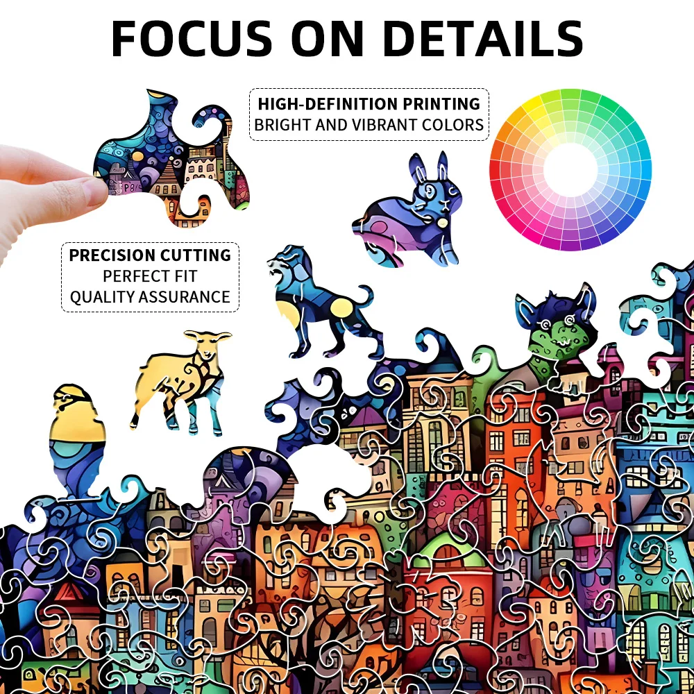 Wooden Jigsaw Puzzle Colorful Moon Town Unique Animal Shaped Pieces, 5A Hard Difficulty Art Puzzle 38.5×28.5cm, 4-6 Hours Assembly Family Game Decor Gift For Adults Teens