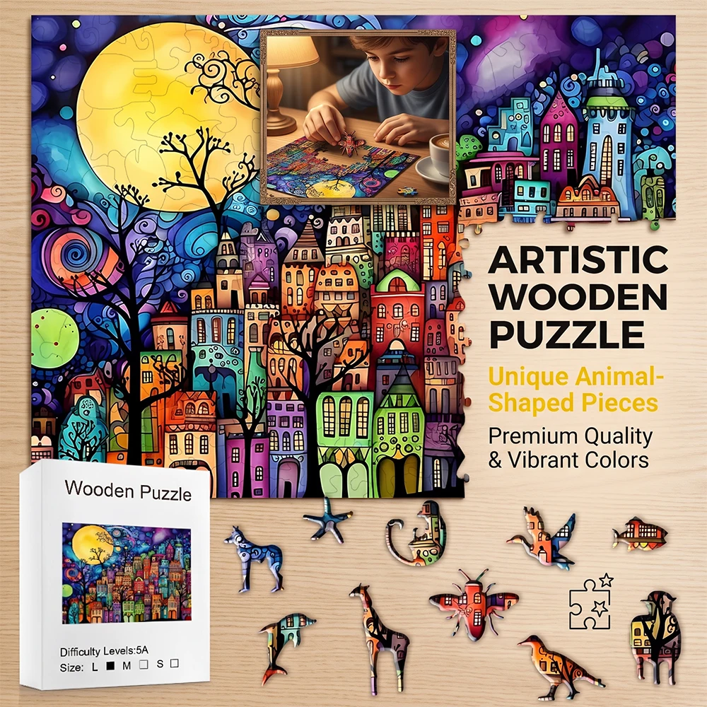 Wooden Jigsaw Puzzle Colorful Moon Town Unique Animal Shaped Pieces, 5A Hard Difficulty Art Puzzle 38.5×28.5cm, 4-6 Hours Assembly Family Game Decor Gift For Adults Teens