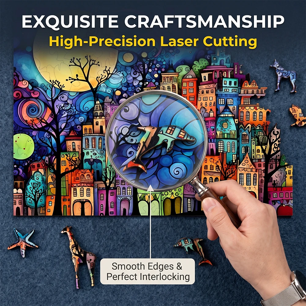 Wooden Jigsaw Puzzle Colorful Moon Town Unique Animal Shaped Pieces, 5A Hard Difficulty Art Puzzle 38.5×28.5cm, 4-6 Hours Assembly Family Game Decor Gift For Adults Teens
