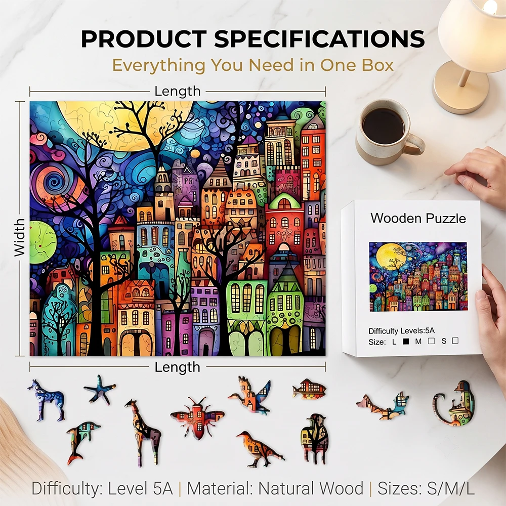 Wooden Jigsaw Puzzle Colorful Moon Town Unique Animal Shaped Pieces, 5A Hard Difficulty Art Puzzle 38.5×28.5cm, 4-6 Hours Assembly Family Game Decor Gift For Adults Teens