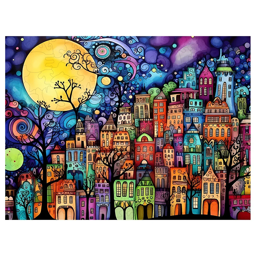 Wooden Jigsaw Puzzle Colorful Moon Town Unique Animal Shaped Pieces, 5A Hard Difficulty Art Puzzle 38.5×28.5cm, 4-6 Hours Assembly Family Game Decor Gift For Adults Teens