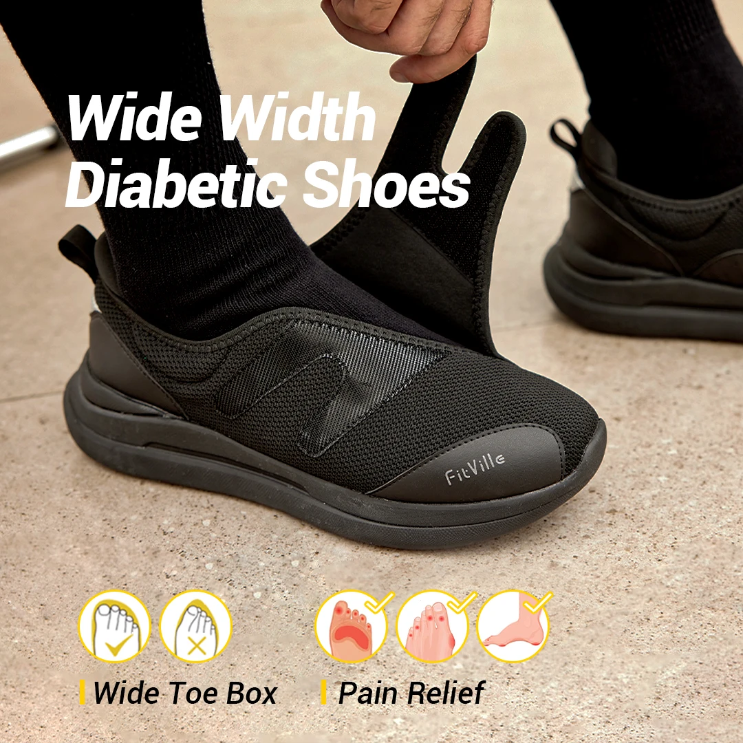 FitVille Diabetic Shoes Men Extra Wide Walking Casual Shoes for Swollen Feet Orthopedic Adjustable with Arch Support Cushioning