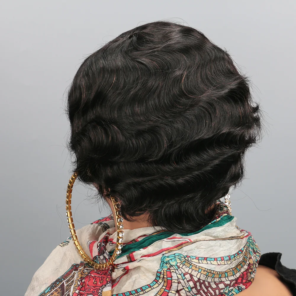 Short Finger Wave Wig Human Hair Wig For Women Brown Short Ocean Wave Wig Pixie Cut Wigs for Woman Natural Color