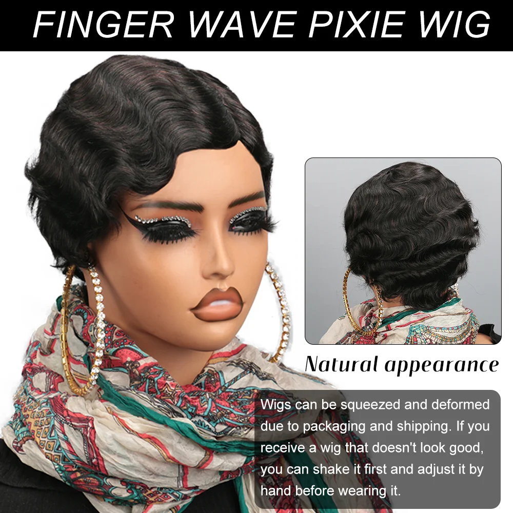 Short Finger Wave Wig Human Hair Wig For Women Brown Short Ocean Wave Wig Pixie Cut Wigs for Woman Natural Color