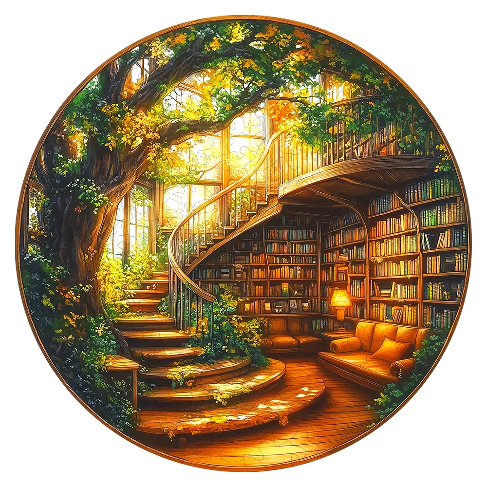 Round Enchanted Tree‑House Library Wooden Jigsaw Puzzle, Irregular Unique Animal‑Shaped Pieces, Adult DIY Stress‑Relief Wood Puzzle Game, Fantasy Forest Art Puzzle, Home Wall Decor, Ideal Birthday Holiday Gift for Puzzle Lovers