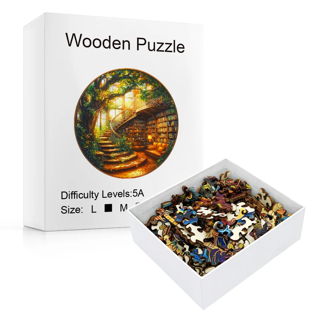 Round Enchanted Tree‑House Library Wooden Jigsaw Puzzle, Irregular Unique Animal‑Shaped Pieces, Adult DIY Stress‑Relief Wood Puzzle Game, Fantasy Forest Art Puzzle, Home Wall Decor, Ideal Birthday Holiday Gift for Puzzle Lovers