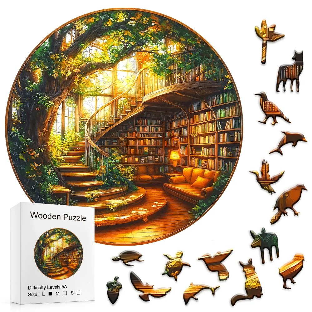 Round Enchanted Tree‑House Library Wooden Jigsaw Puzzle, Irregular Unique Animal‑Shaped Pieces, Adult DIY Stress‑Relief Wood Puzzle Game, Fantasy Forest Art Puzzle, Home Wall Decor, Ideal Birthday Holiday Gift for Puzzle Lovers