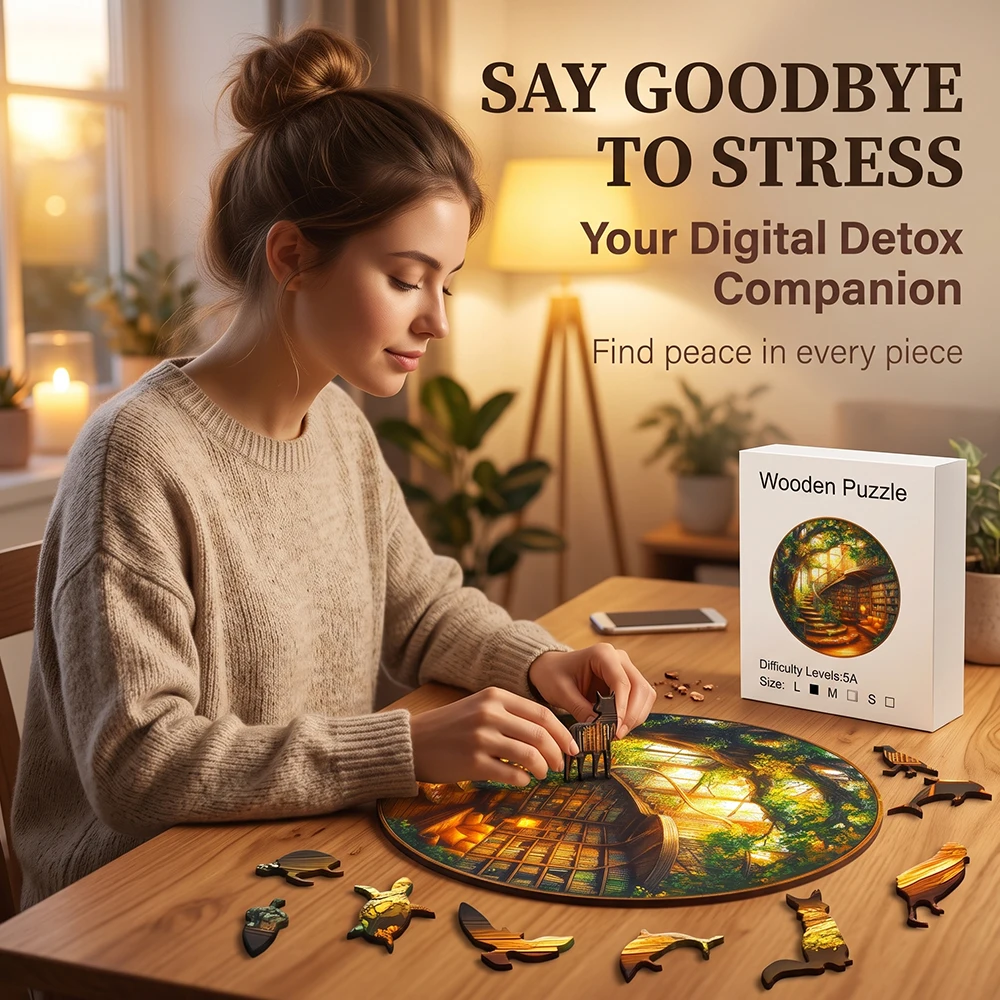 Round Enchanted Tree‑House Library Wooden Jigsaw Puzzle, Irregular Unique Animal‑Shaped Pieces, Adult DIY Stress‑Relief Wood Puzzle Game, Fantasy Forest Art Puzzle, Home Wall Decor, Ideal Birthday Holiday Gift for Puzzle Lovers
