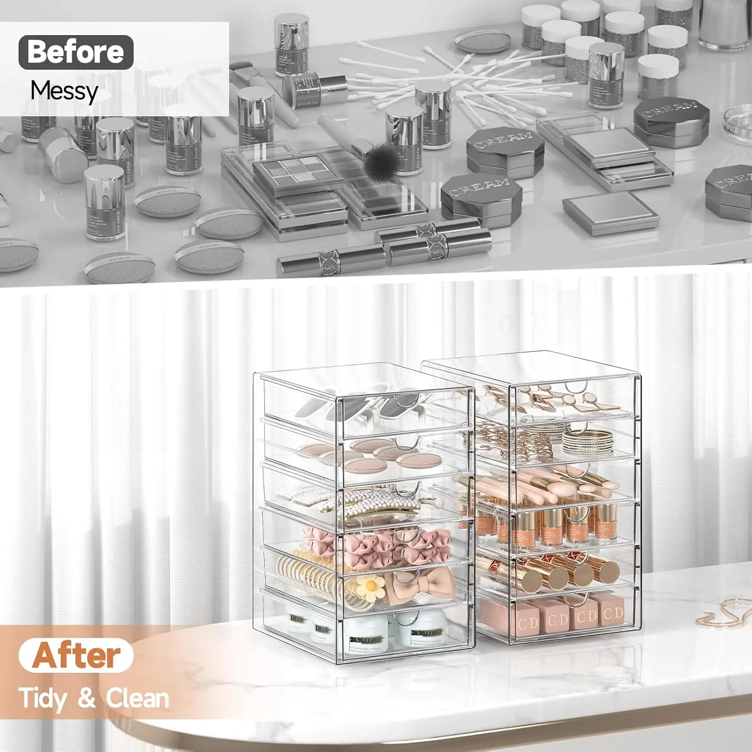 Acrylic Makeup Drawer Organizer with 24 Drawers, Stackable Desk Storage for Cosmetics, Jewelry, Office Supplies, Bathroom