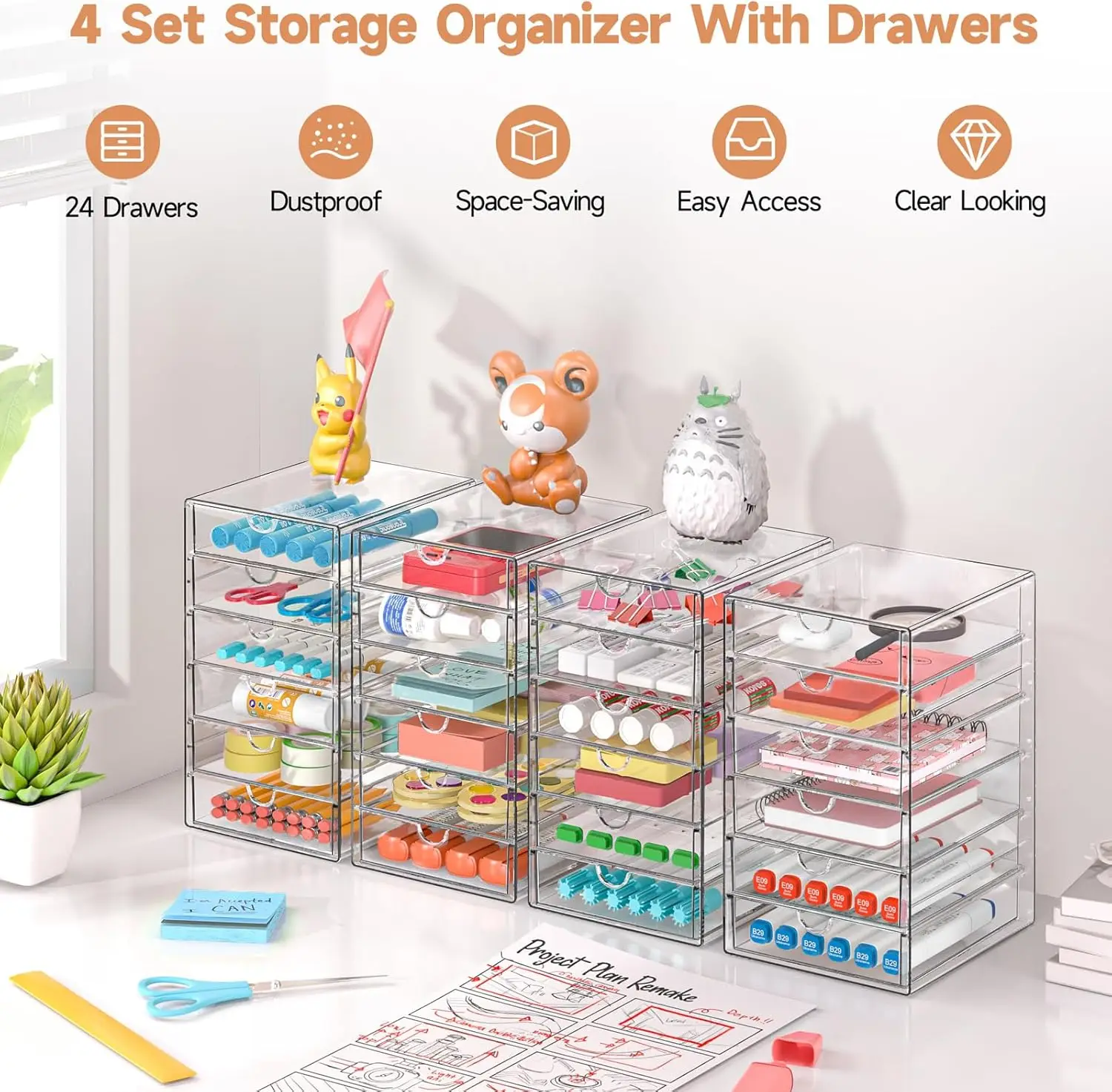 Acrylic Makeup Drawer Organizer with 24 Drawers, Stackable Desk Storage for Cosmetics, Jewelry, Office Supplies, Bathroom