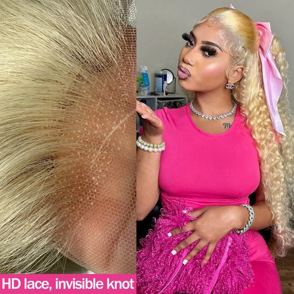 613 Honey Blonde Deep Wave Human Hair Wig HD Lace Frontal Pre-Plucked Super Double Drawn Water Wave Long Length 30/36/38 Inches for Women