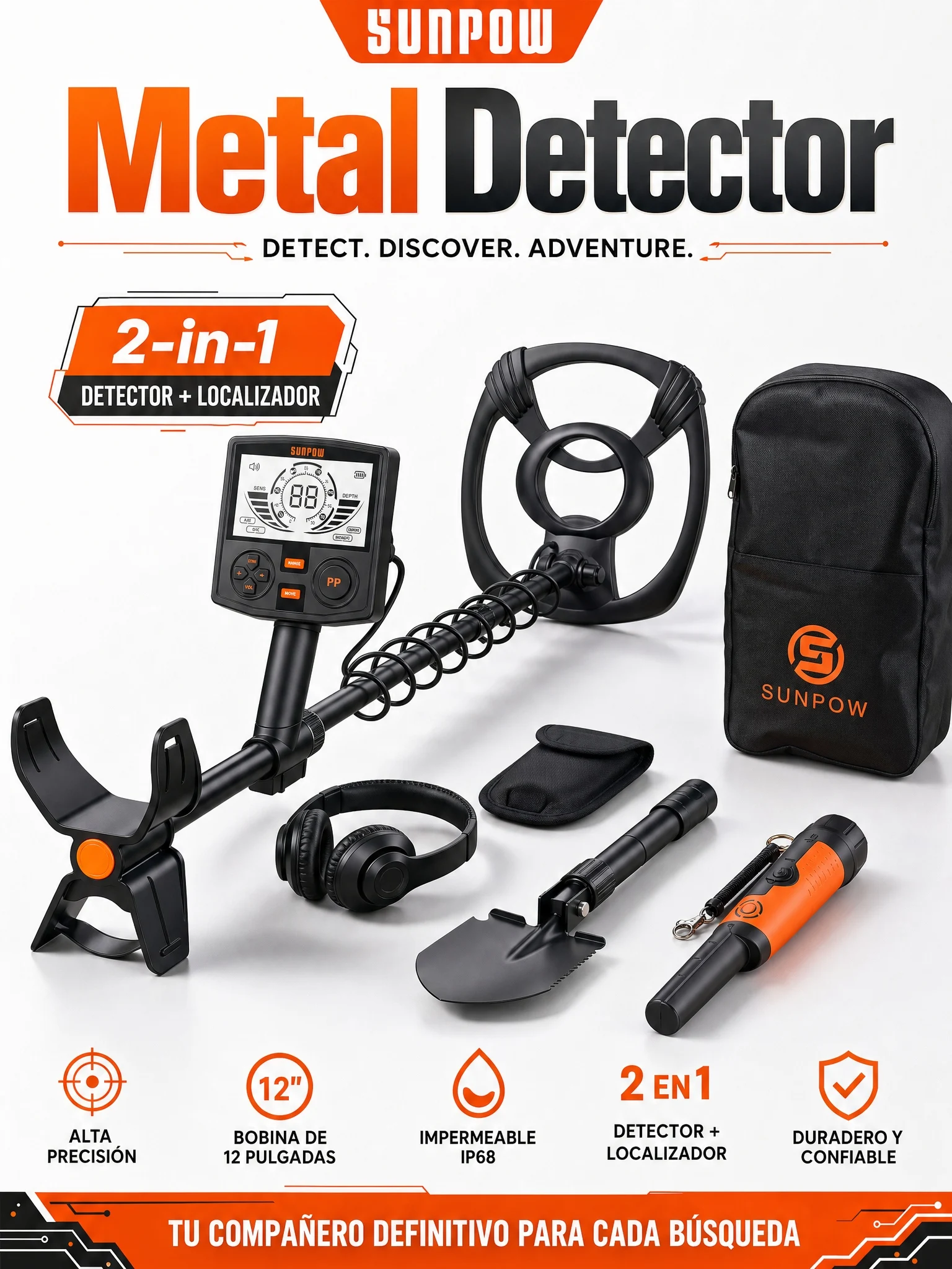 SUNPOW Underground Metal Detector Kit for Adults, 10" IP68 Waterproof Search Coil, 5 Detection Modes, Dual Backlit LCD, High Sensitivity for Gold Coin Relic Beach Treasure Hunting