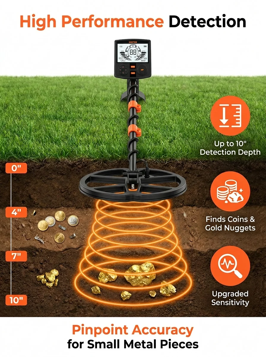 SUNPOW Underground Metal Detector Kit for Adults, 10" IP68 Waterproof Search Coil, 5 Detection Modes, Dual Backlit LCD, High Sensitivity for Gold Coin Relic Beach Treasure Hunting
