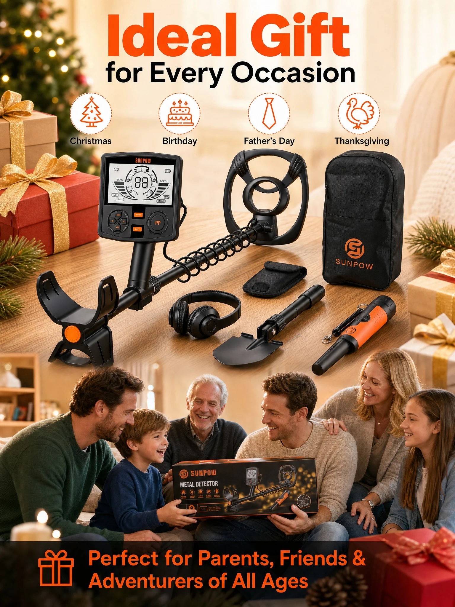 SUNPOW Underground Metal Detector Kit for Adults, 10" IP68 Waterproof Search Coil, 5 Detection Modes, Dual Backlit LCD, High Sensitivity for Gold Coin Relic Beach Treasure Hunting