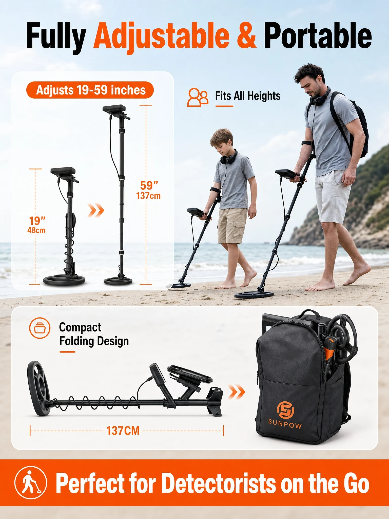SUNPOW Underground Metal Detector Kit for Adults, 10" IP68 Waterproof Search Coil, 5 Detection Modes, Dual Backlit LCD, High Sensitivity for Gold Coin Relic Beach Treasure Hunting