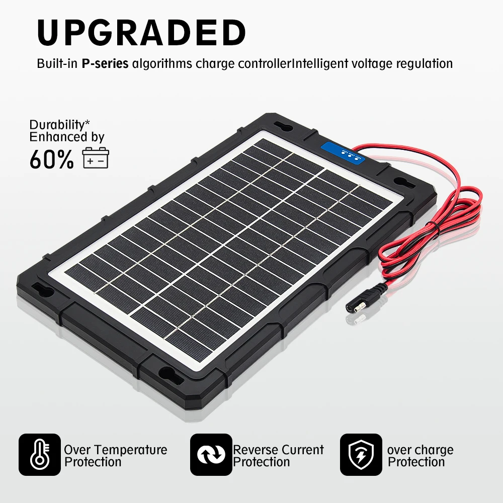 Solar Panel 12V Car Battery Charger Built In Charge Controller IP65 Waterproof Anti Shatter Solar Trickle Charger With Cigarette Lighter Alligator Clips Suction Cups For Motorcycle RV Boat Truck