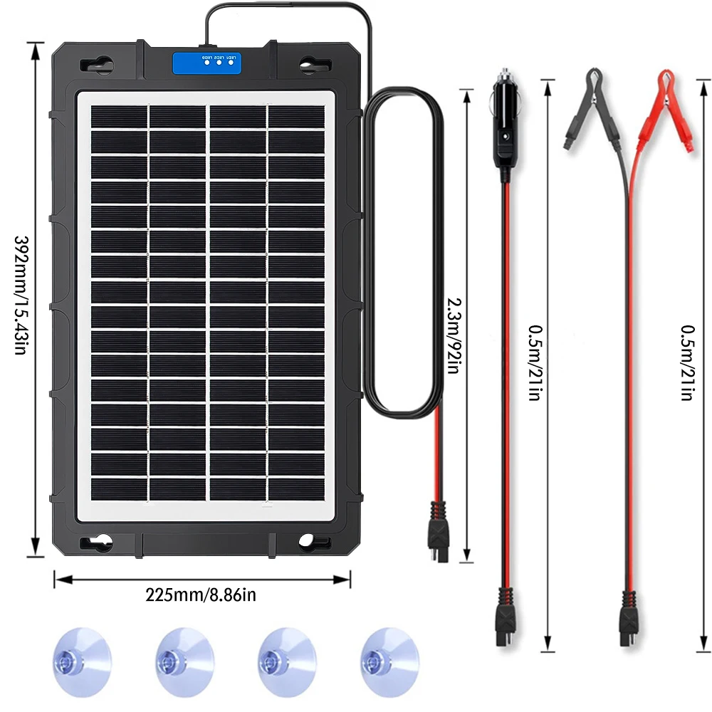 Solar Panel 12V Car Battery Charger Built In Charge Controller IP65 Waterproof Anti Shatter Solar Trickle Charger With Cigarette Lighter Alligator Clips Suction Cups For Motorcycle RV Boat Truck