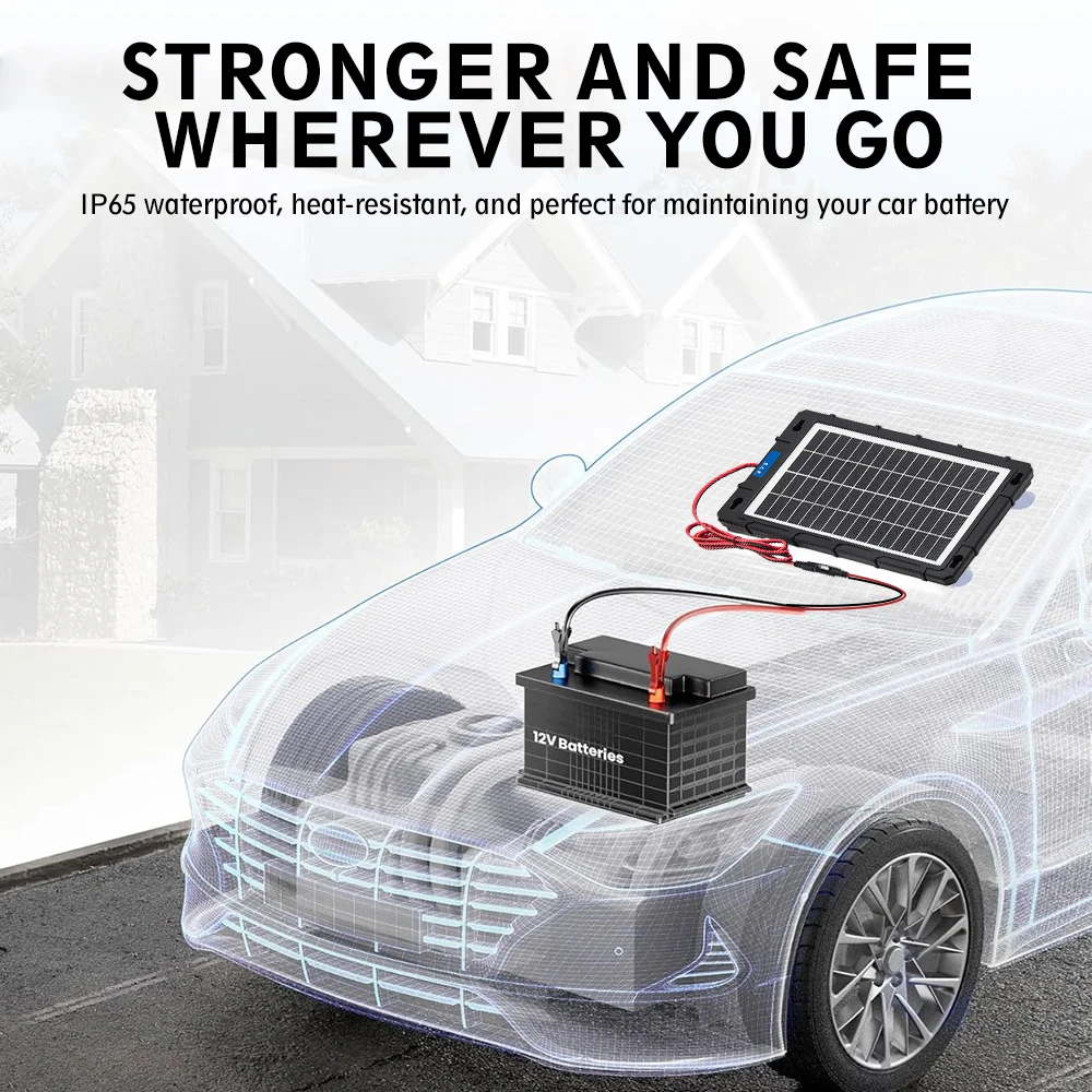 Solar Panel 12V Car Battery Charger Built In Charge Controller IP65 Waterproof Anti Shatter Solar Trickle Charger With Cigarette Lighter Alligator Clips Suction Cups For Motorcycle RV Boat Truck