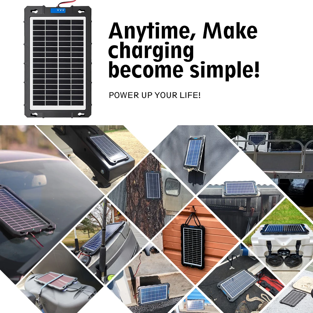 Solar Panel 12V Car Battery Charger Built In Charge Controller IP65 Waterproof Anti Shatter Solar Trickle Charger With Cigarette Lighter Alligator Clips Suction Cups For Motorcycle RV Boat Truck