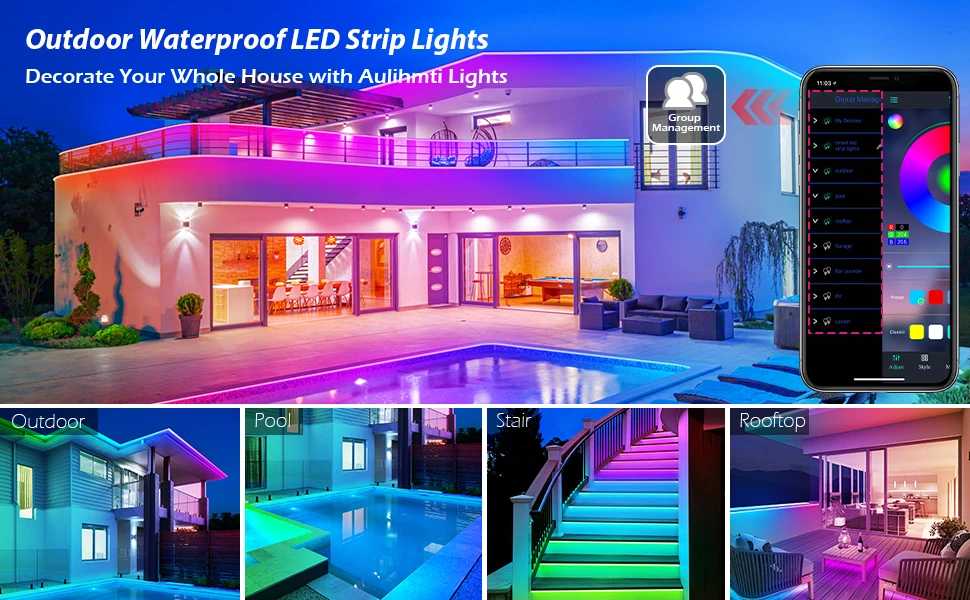 Outdoor Waterproof LED Strip Lights,50Ft Music Sync RGB IP65 Led Lights with App Control and Remote,Color Changing Waterproof Led Rope Lights for Outdoor,Balcony,Roof,Garden,Stairs Party