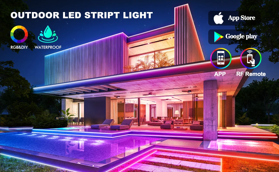 Outdoor Waterproof LED Strip Lights,50Ft Music Sync RGB IP65 Led Lights with App Control and Remote,Color Changing Waterproof Led Rope Lights for Outdoor,Balcony,Roof,Garden,Stairs Party